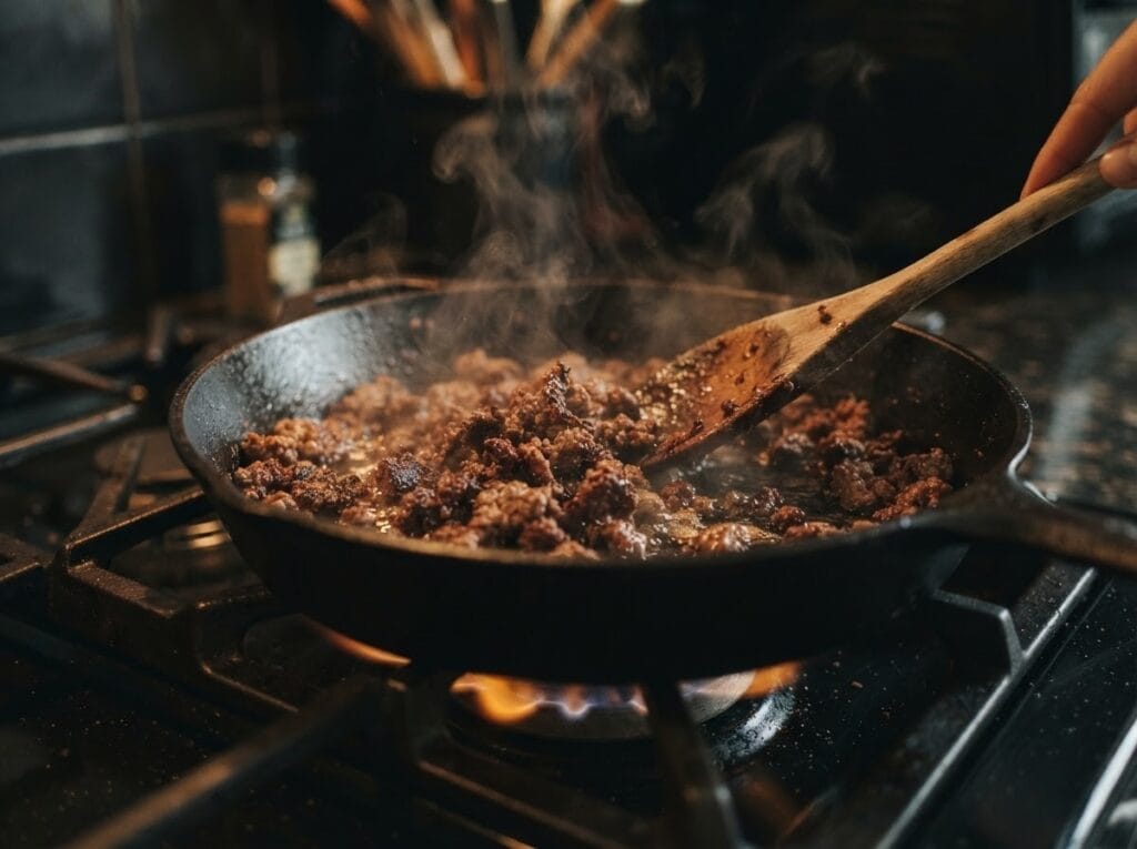 Lean ground beef browning in a cast iron pan on a gas stovetop with steam rising – Boucherie Beirut Laval