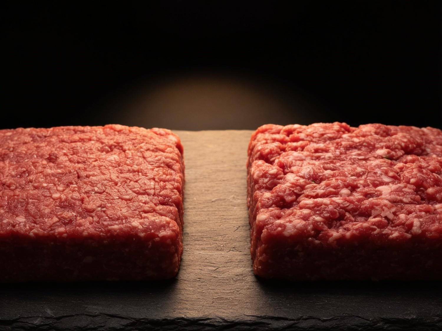 Lean and medium ground beef patties side by side on a dark slate surface showing fat content difference – Boucherie Beirut Laval