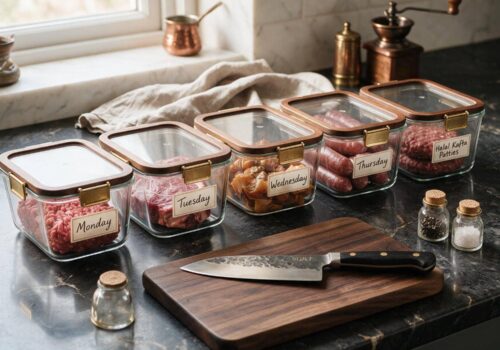 Five glass meal prep containers labelled Monday to Friday filled with halal beef portions on a marble kitchen counter – Boucherie Beirut Laval