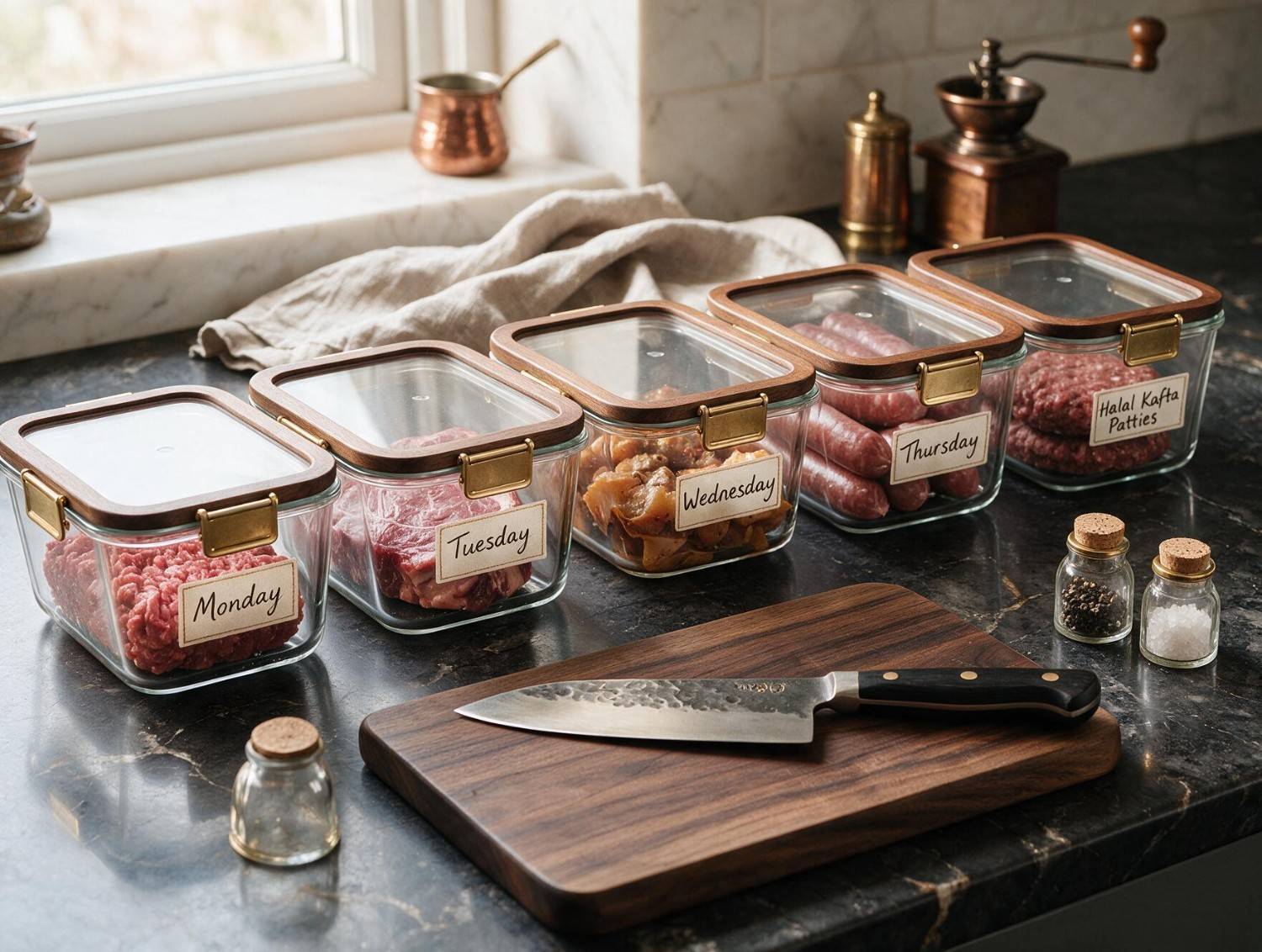Five glass meal prep containers labelled Monday to Friday filled with halal beef portions on a marble kitchen counter – Boucherie Beirut Laval