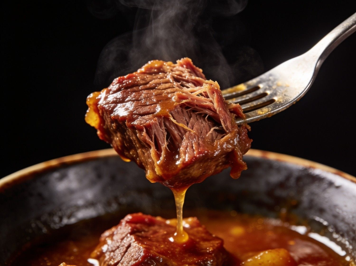 Slow Cooked Beef Fork Tender Boucherie Beirut | Boucherie Beirut Best cuts for slow cooking fork tender braised beef lifted from a dark bowl with braising sauce dripping – Boucherie Beirut Laval