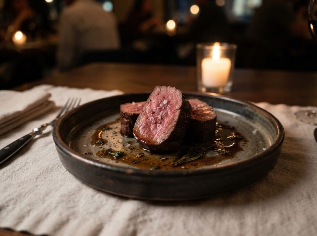 chateaubriand-carved-medium-rare | Boucherie Beirut Chateaubriand sliced medium-rare on a dark ceramic plate with pan jus and candlelight – Boucherie Beirut Laval