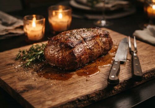 Rôti châteaubriand entier avec croûte dorée sur une planche à découper en bois avec bougies – Boucherie Beirut Laval