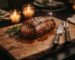 Whole chateaubriand roast with golden sear crust on a wooden carving board with candles – Boucherie Beirut Laval