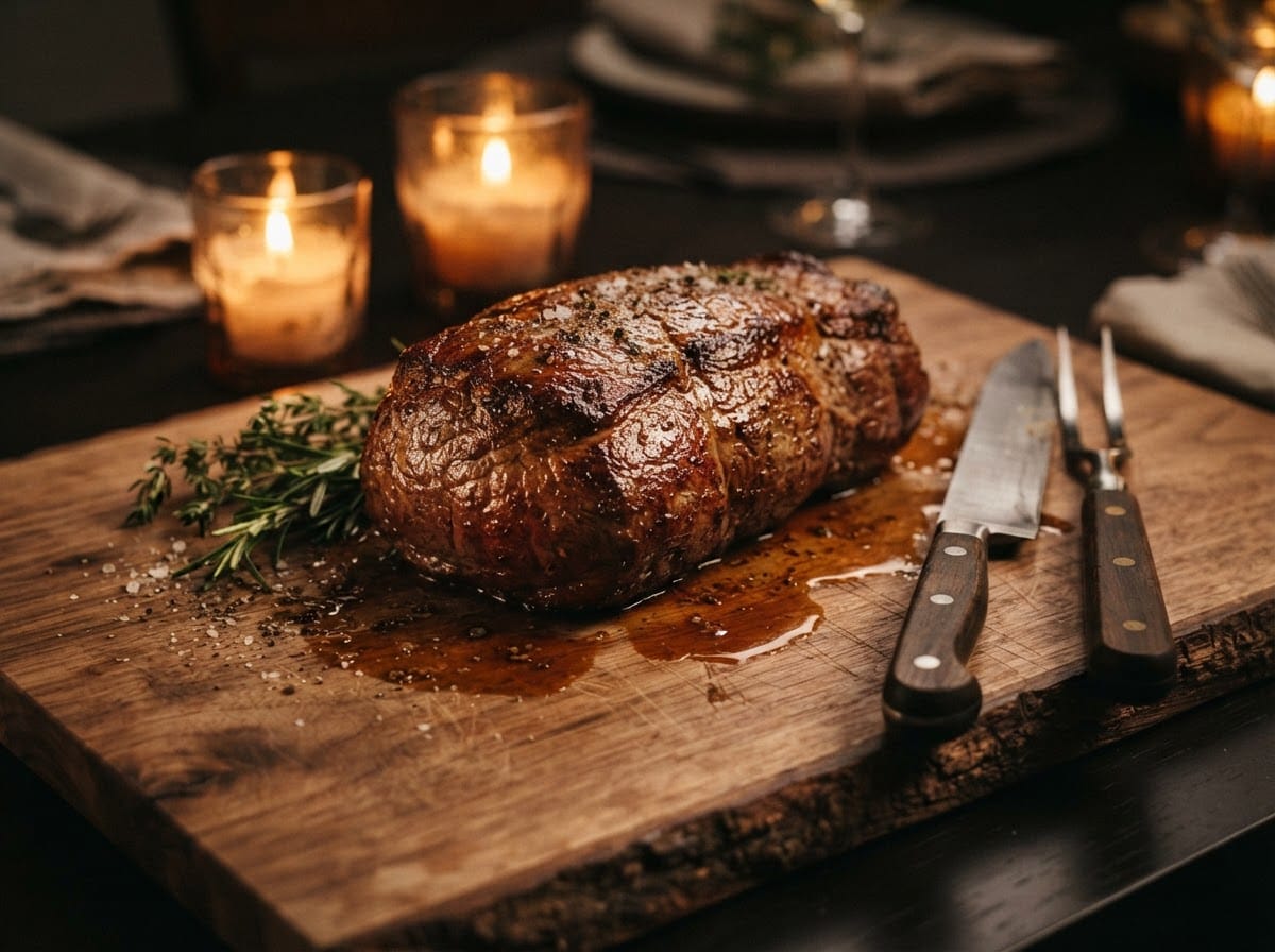 Whole chateaubriand roast with golden sear crust on a wooden carving board with candles – Boucherie Beirut Laval