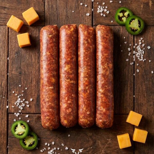 Saucisse de bœuf cheddar jalapeño avec cubes de cheddar et tranches de jalapeño sur surface en bois rustique – Boucherie Beirut Laval
