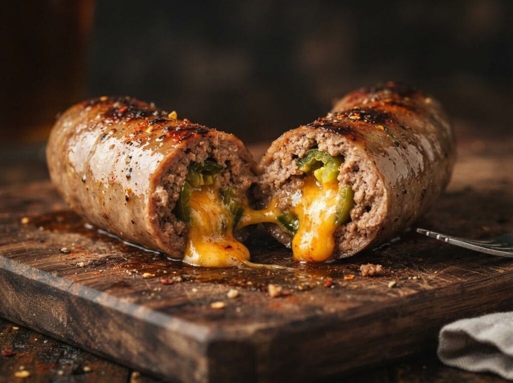 cheddar-jalapeno-beef-sausage-melted-cheese-boucherie-beirut | Boucherie Beirut Cheddar jalapeño halal beef sausages sliced open revealing melted cheddar and jalapeño pieces on a rustic wooden board – Boucherie Beirut Laval