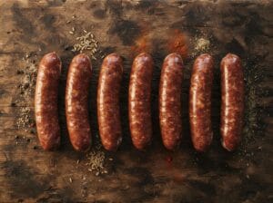Seven halal beef sausages arranged in a row with spices on a rustic wooden surface – Boucherie Beirut Laval