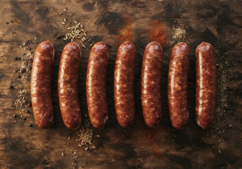 Sept saucisses de bœuf halal disposées en rangée avec des épices sur une surface en bois rustique – Boucherie Beirut Laval