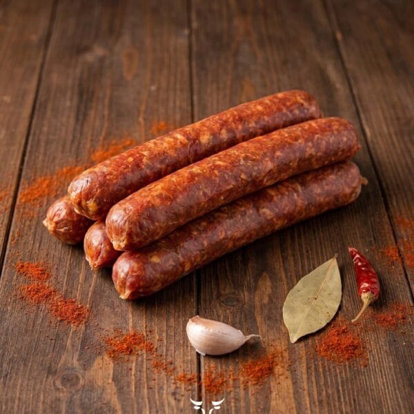 Portuguese beef sausage with with paprika garlic bay leaf and red chili on a rustic wooden surface – Boucherie Beirut Laval
