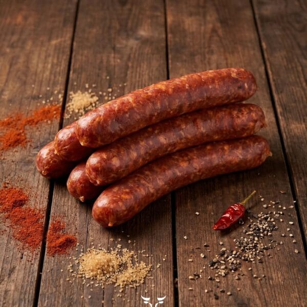 Smoked meat beef sausage with coriander mustard seeds and black pepper on a rustic wooden surface – Boucherie Beirut Laval