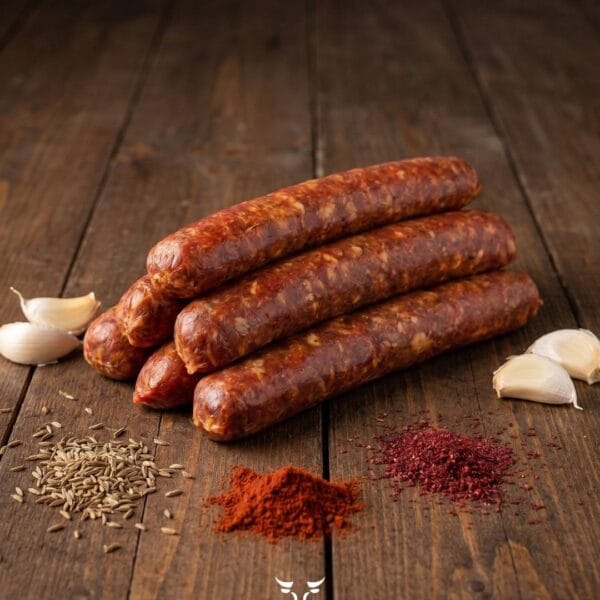 Sojok beef sausage with paprika red chili and black pepper on a rustic wooden surface – Boucherie Beirut Laval