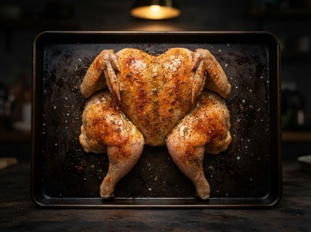 Spatchcocked whole chicken pressed flat on a sheet pan seasoned with paprika and olive oil – Boucherie Beirut Laval