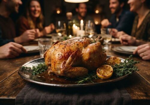 Poulet entier rôti doré sur un plateau sombre avec thym frais et citron – Boucherie Beirut Laval