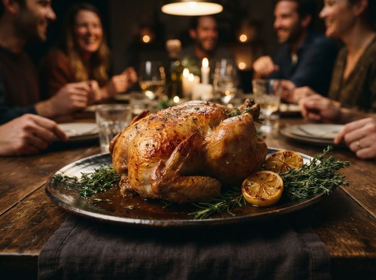Golden roasted whole chicken on a dark platter with fresh thyme and lemon – Boucherie Beirut Laval