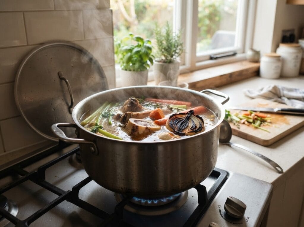 Beef bone broth simmering in a large stockpot with bones carrots celery and charred onion on a gas stovetop – Boucherie Beirut Laval