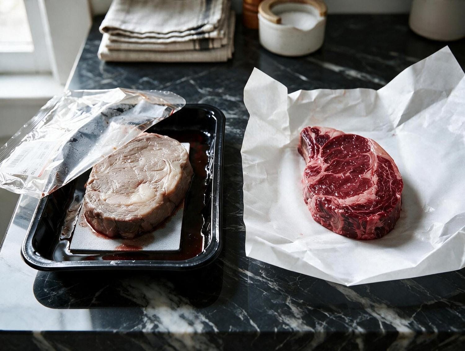 Comparaison boucherie vs épicerie montrant bœuf emballé pâle gris à côté d'un ribeye frais rouge profond sur papier blanc – Boucherie Beirut Laval