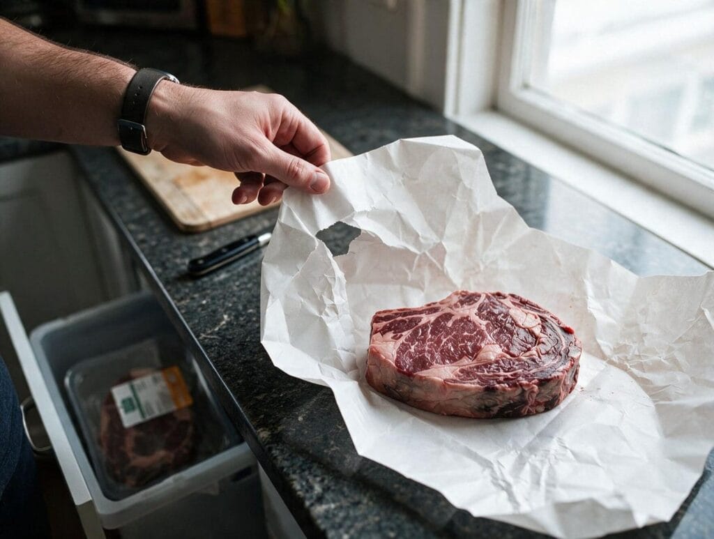 Main déballant un ribeye frais rouge profond du papier blanc de boucher avec emballage d'épicerie visible dans la poubelle – Boucherie Beirut Laval