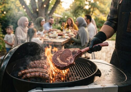 Table BBQ halal avec steak tomahawk tranché kafta saucisses houmous fattouch et pita – Boucherie Beirut Laval