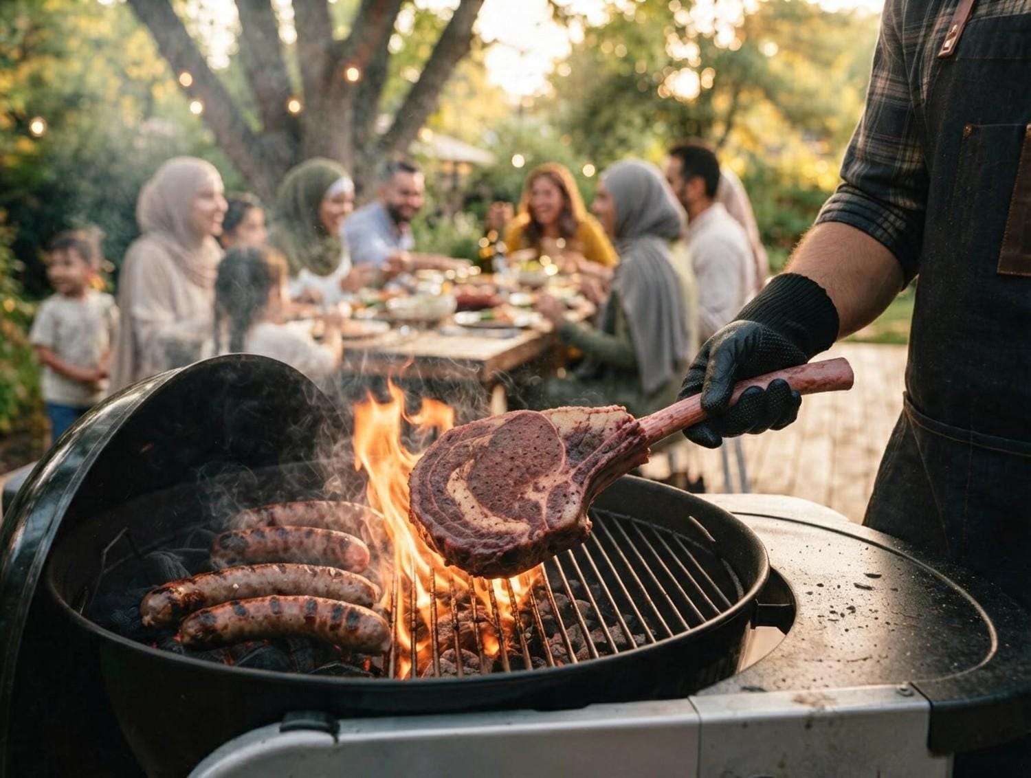 Halal BBQ pitmaster grilling tomahawk steak and beef sausages on charcoal with family gathering in background – Boucherie Beirut Laval