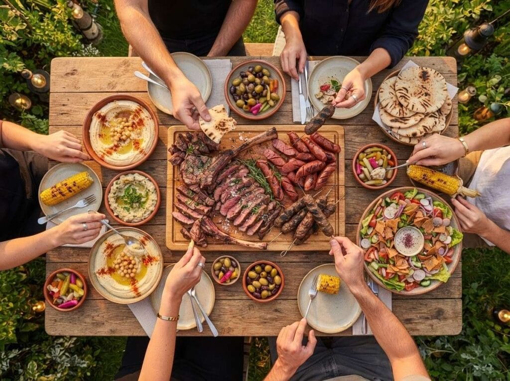 Halal BBQ Party Table Spread with Grilled Meats and Mezze | Boucherie Beirut Halal BBQ table spread with sliced tomahawk steak kafta sausages hummus fattoush and pita – Boucherie Beirut Laval
