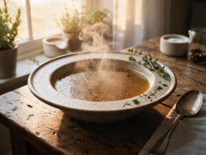 Bouillon d'os de bœuf maison fumant dans un bol en céramique avec thym sur une table en bois rustique – Boucherie Beirut Laval