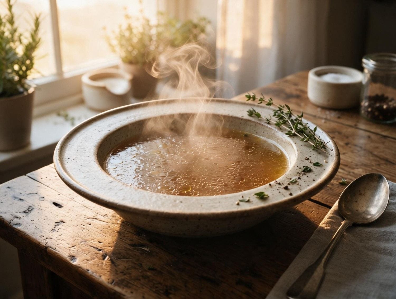 Steaming homemade beef bone broth in a ceramic bowl with thyme on a rustic wooden table – Boucherie Beirut Laval