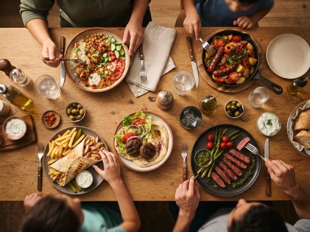 Quick Halal Dinners Family Table with Five Plates | Boucherie Beirut Family dinner table overhead with five quick halal dinner plates including shish taouk bowl bavette steak kafta sausages and shawarma – Boucherie Beirut Laval