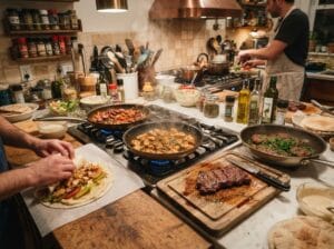 Quick Halal Dinners Weeknight Kitchen with Five Meals | Boucherie Beirut Busy weeknight kitchen with five quick halal dinners cooking at once including shawarma shish taouk sausages bavette and kafta – Boucherie Beirut Laval