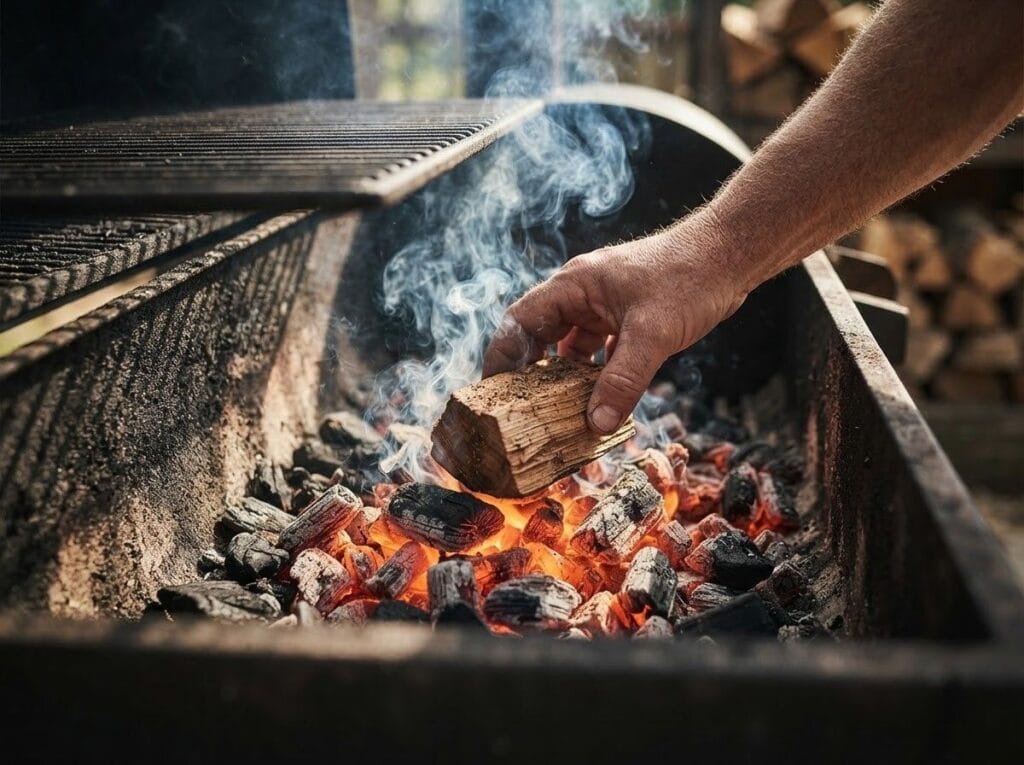 Hand placing a wood chunk onto glowing charcoal in a smoker for smoking beef at home