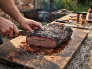 Person slices a smoked beef brisket on a wooden cutting board outdoors, smoke rising as juices pool nearby.