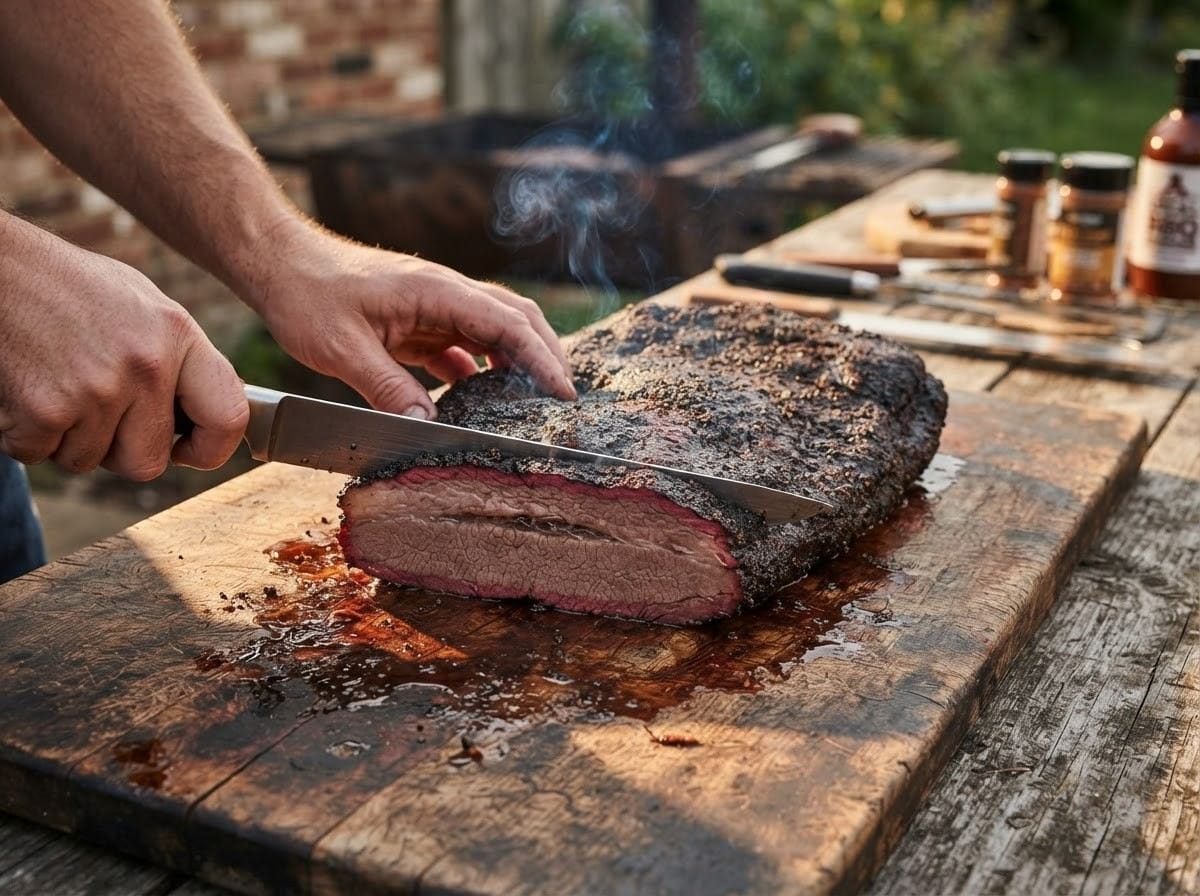 Person slices a smoked beef brisket on a wooden cutting board outdoors, smoke rising as juices pool nearby.