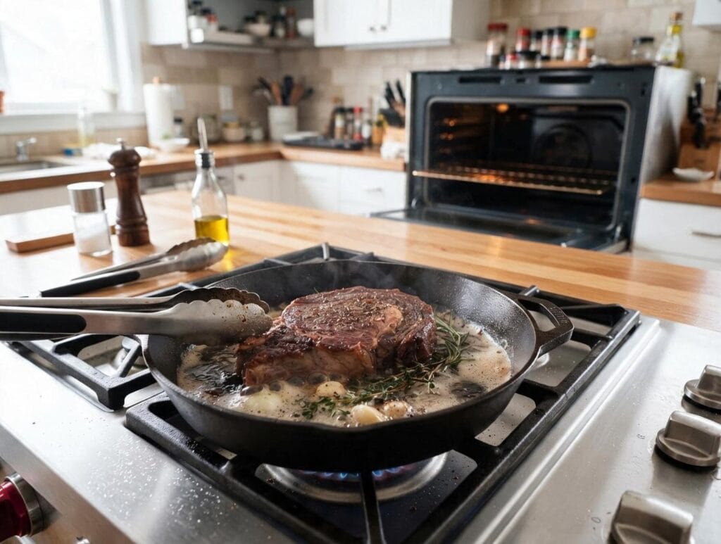 Steak ribeye reverse sear finissant dans une poêle en fonte avec beurre thym et ail sur cuisinière à gaz – four ouvert en arrière-plan