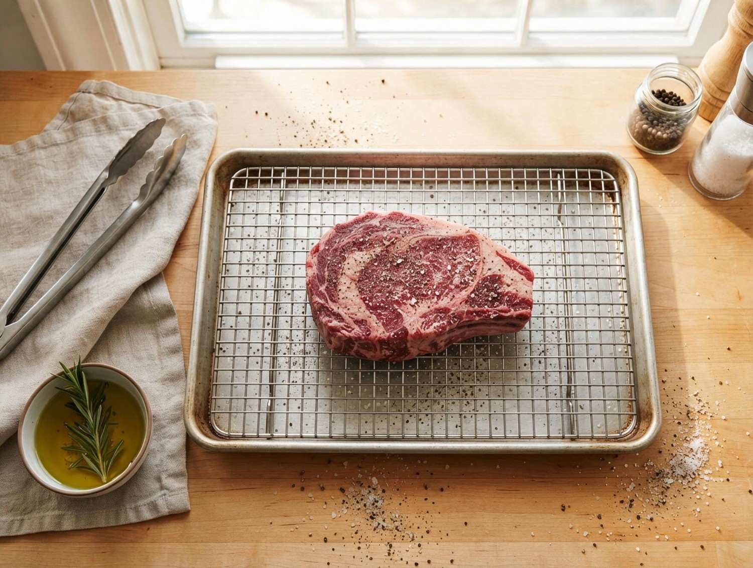 Steak ribeye épais assaisonné de sel et poivre sur une grille prêt pour le reverse sear au four