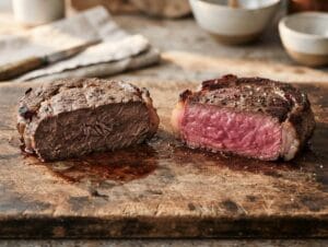 Comparaison erreurs de steak montrant steak surcuit gris versus centre rose parfait saignant à point sur planche en bois – Boucherie Beirut Laval