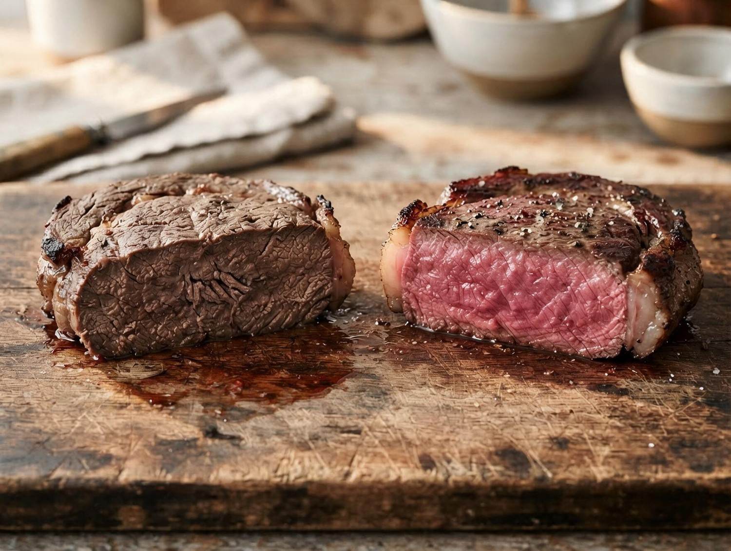 Steak mistakes comparison showing overcooked grey steak versus perfect medium-rare pink centre on a wooden board – Boucherie Beirut Laval