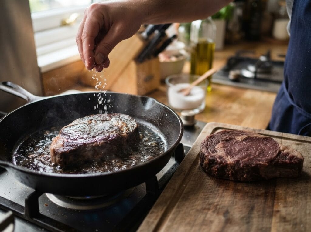 Hand sprinkling salt on a steak already searing in a cast iron pan — a common steak mistake – Boucherie Beirut Laval