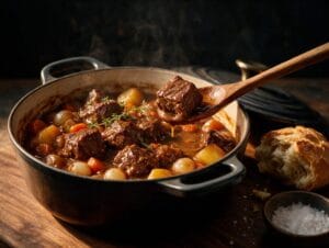 Fresh chuck roast cut into two-inch cubes for beef stew on a walnut butcher board