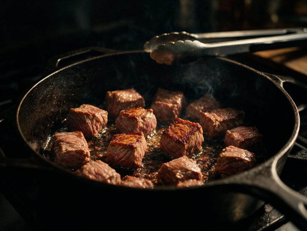 Chuck cubes searing to a dark crust in a Dutch oven before making beef stew
