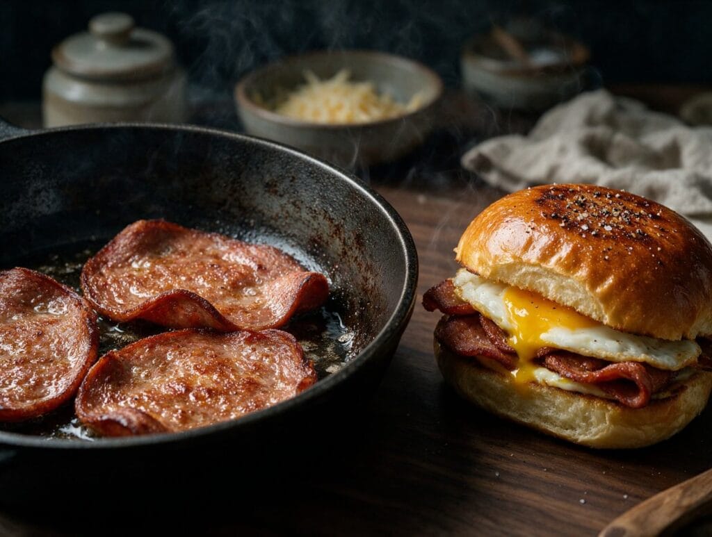 Fried Halal Mortadella Breakfast Sandwich | Boucherie Beirut Crispy pan-fried halal mortadella slices in a cast iron skillet beside a brioche sandwich with a fried egg