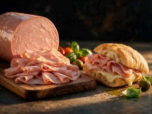 Halal mortadella sliced fresh on a walnut board next to a ciabatta sandwich with melted provolone