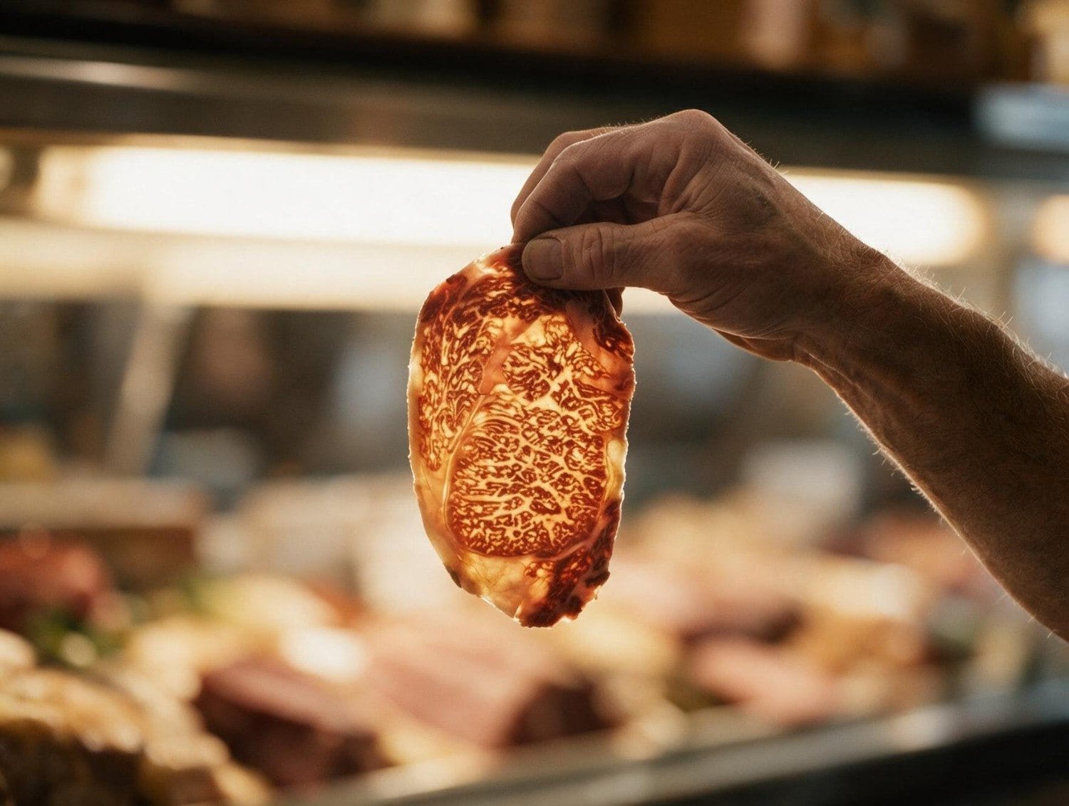 Wagyu Fullblood 9+ Marbling Held Up to Light | Boucherie Beirut Butcher hand holding a thin wagyu slice up to butcher shop light revealing extraordinary BMS 9+ marbling – Boucherie Beirut Laval