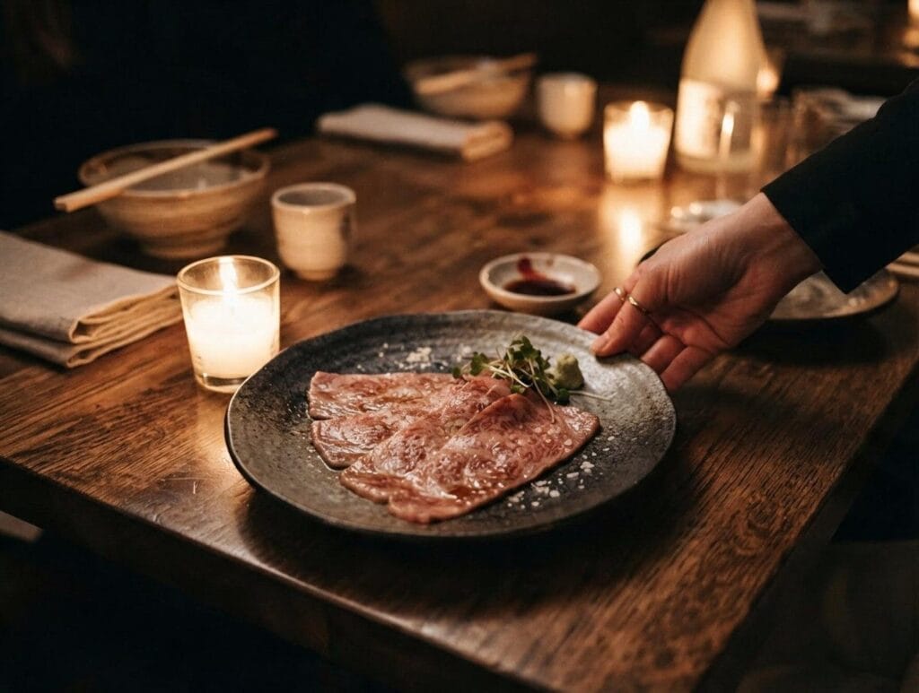 Wagyu Steak Special Occasion Dinner by Candlelight | Boucherie Beirut Wagyu steak sliced thin on a dark plate served by candlelight for a special occasion dinner – Boucherie Beirut Laval