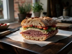 Halal salami sandwich on crusty bread with provolone lettuce and tomato on white butcher paper – Boucherie Beirut Laval