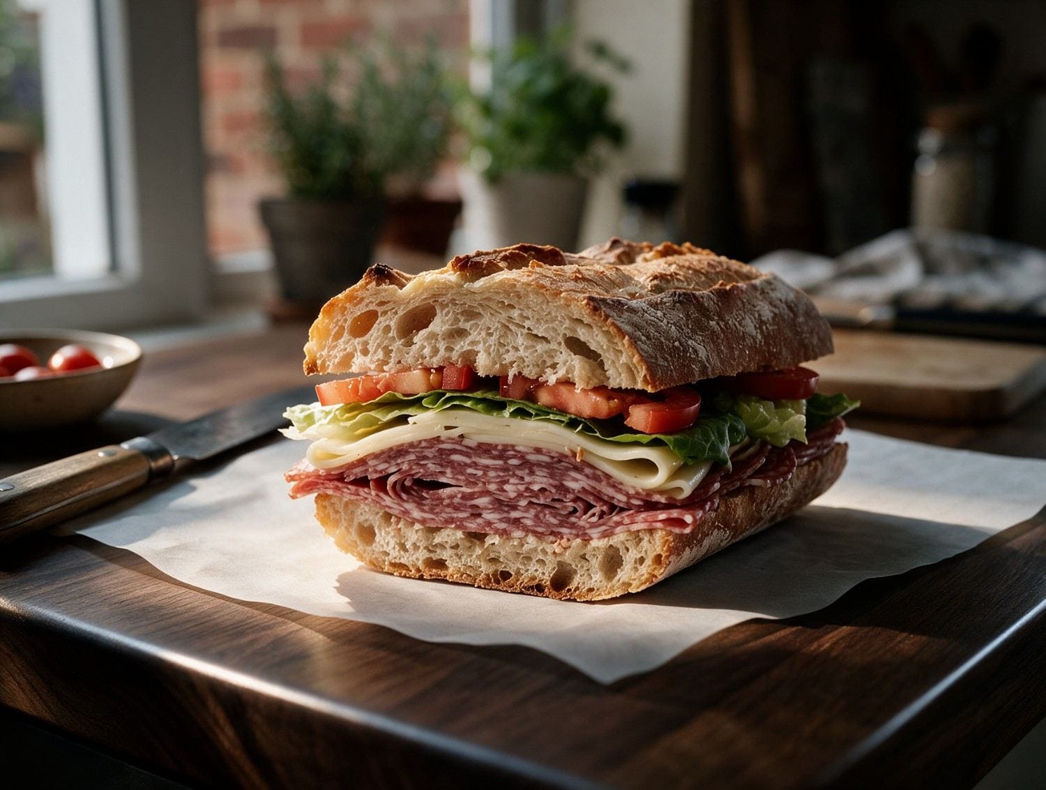 Halal salami sandwich on crusty bread with provolone lettuce and tomato on white butcher paper – Boucherie Beirut Laval