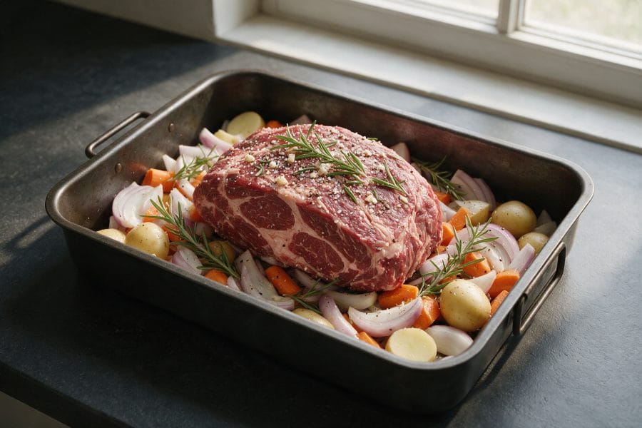 Rôti de Bœuf Palette Assaisonné à l'Ail Rôti de bœuf de paleron assaisonné à l'ail et au romarin sur oignons, carottes et pommes de terre