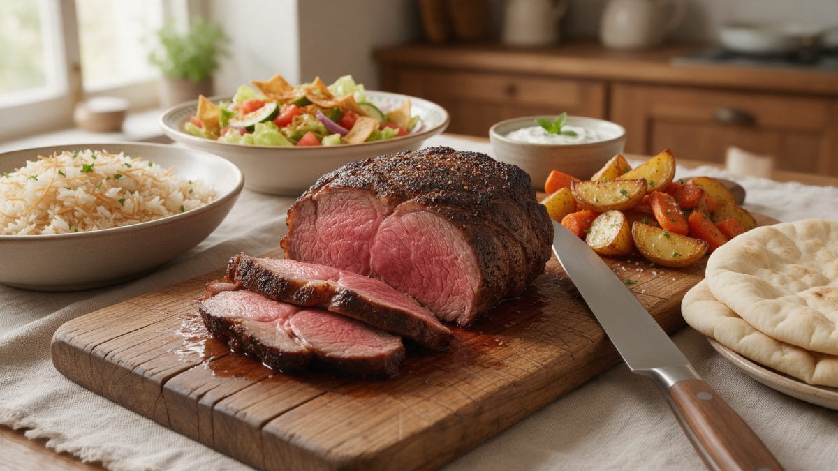 Rôti de Bœuf Tranché Déjeuner en Famille Rôti de bœuf tranché sur une planche à découper avec riz vermicelle fattoush pommes de terre rôties et sauce à l'ail