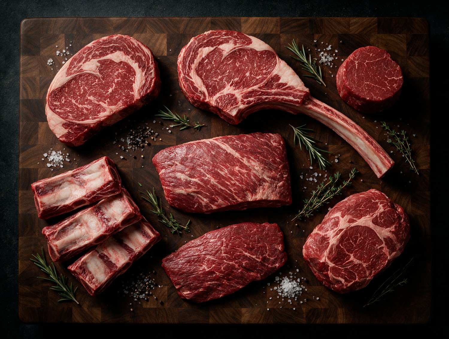 beef-cuts-variety-raw-flat-lay | Boucherie Beirut Beef cuts laid out on a butcher block including ribeye tomahawk filet mignon brisket and short ribs
