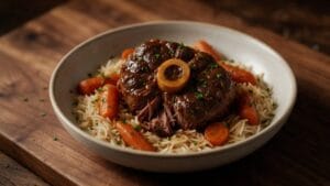 Recette de jarret de bœuf braisé avec os à moelle sauce brillante et carottes servi sur riz vermicelle