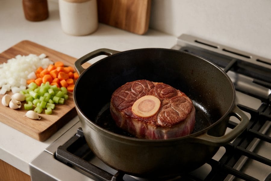 Recette Jarret de Bœuf Saisi en Fonte Recette de jarret de bœuf, étape un : jarret avec os saisi dans une cocotte en fonte, oignon, carotte, céleri et ail en dés